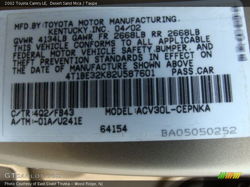 Desert Sand Mica / Taupe 2002 Toyota Camry LE