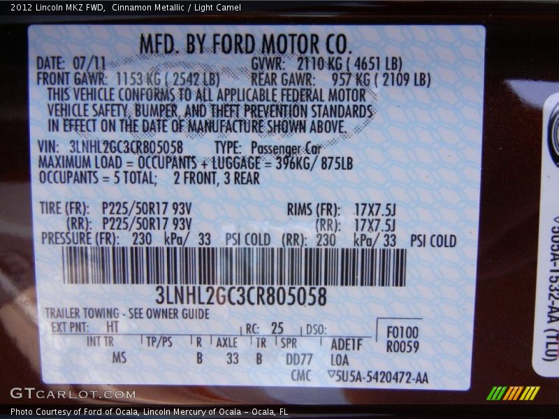 2012 MKZ FWD Cinnamon Metallic Color Code HT