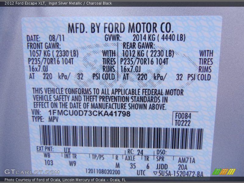 Ingot Silver Metallic / Charcoal Black 2012 Ford Escape XLT