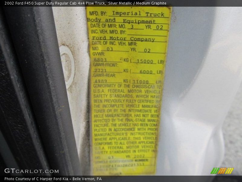 Info Tag of 2002 F450 Super Duty Regular Cab 4x4 Plow Truck