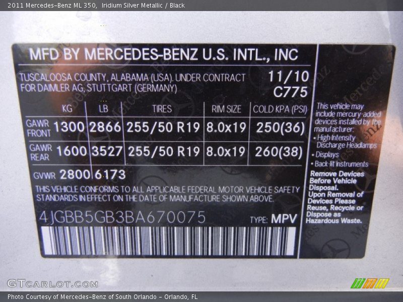 Iridium Silver Metallic / Black 2011 Mercedes-Benz ML 350