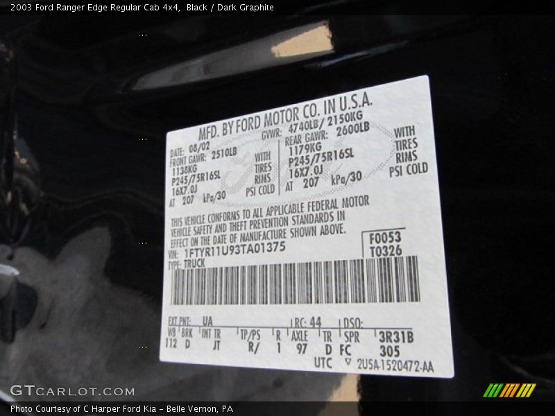 2003 Ranger Edge Regular Cab 4x4 Black Color Code UA