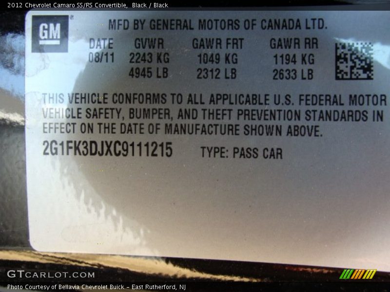 Black / Black 2012 Chevrolet Camaro SS/RS Convertible