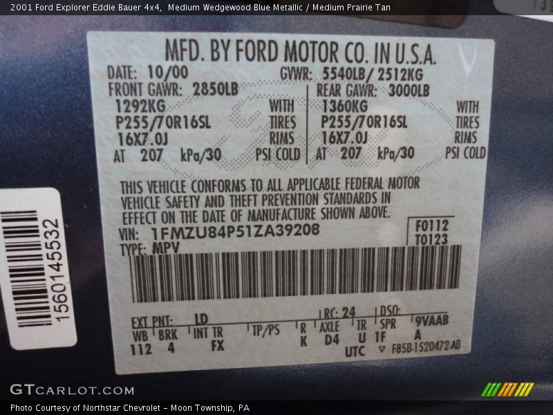 2001 Explorer Eddie Bauer 4x4 Medium Wedgewood Blue Metallic Color Code LD