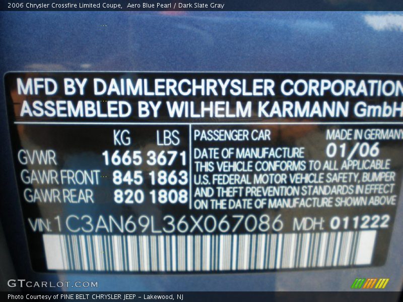 Info Tag of 2006 Crossfire Limited Coupe
