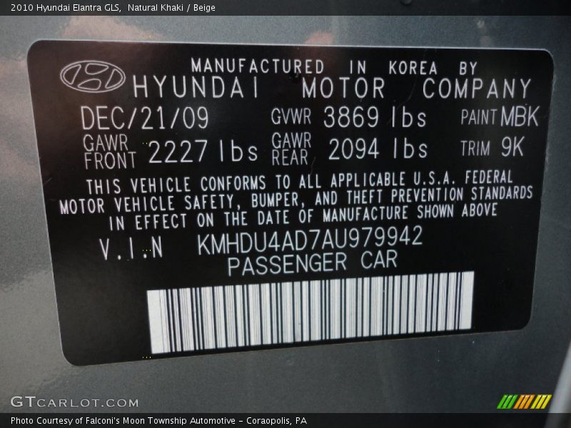 Natural Khaki / Beige 2010 Hyundai Elantra GLS