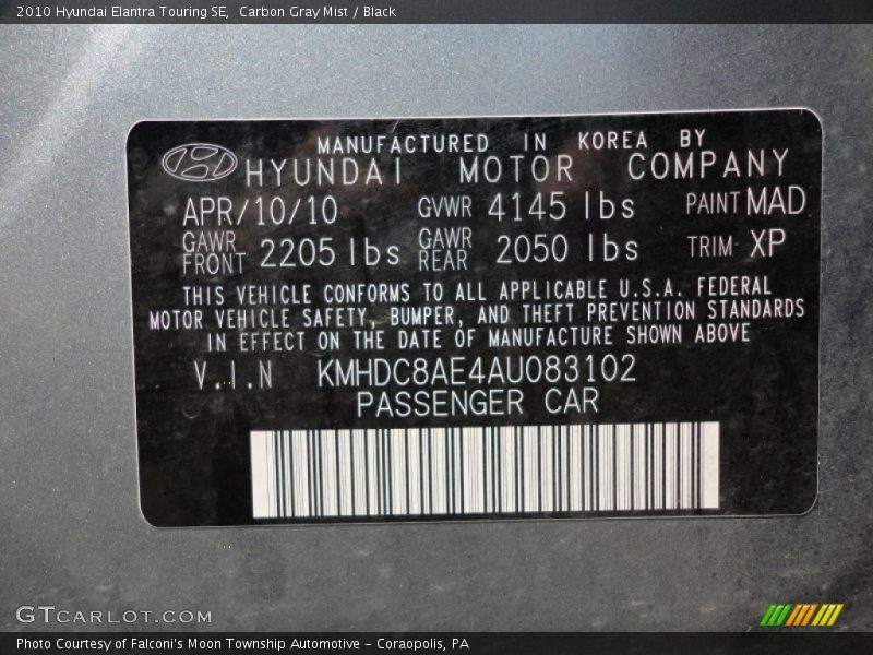 2010 Elantra Touring SE Carbon Gray Mist Color Code MAD