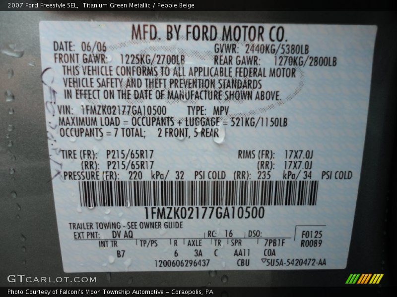 2007 Freestyle SEL Titanium Green Metallic Color Code DV
