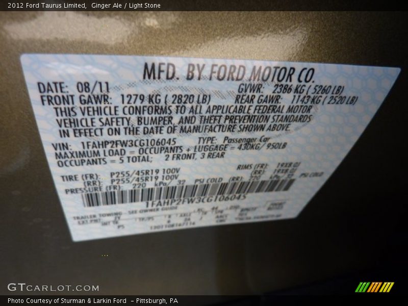 2012 Taurus Limited Ginger Ale Color Code JY