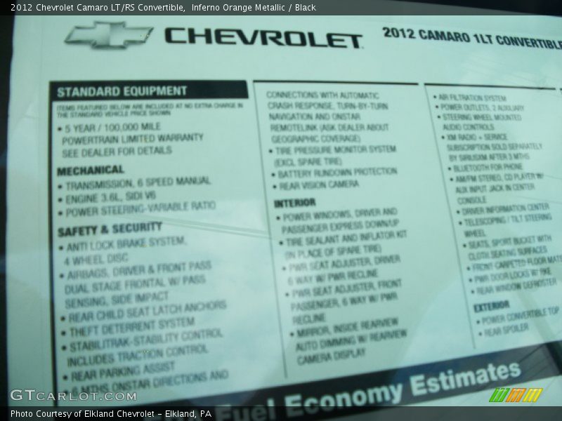  2012 Camaro LT/RS Convertible Window Sticker