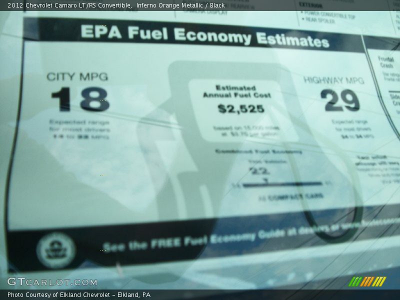  2012 Camaro LT/RS Convertible Window Sticker