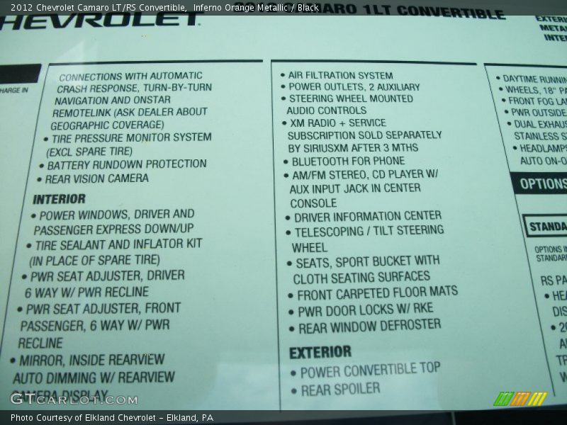  2012 Camaro LT/RS Convertible Window Sticker