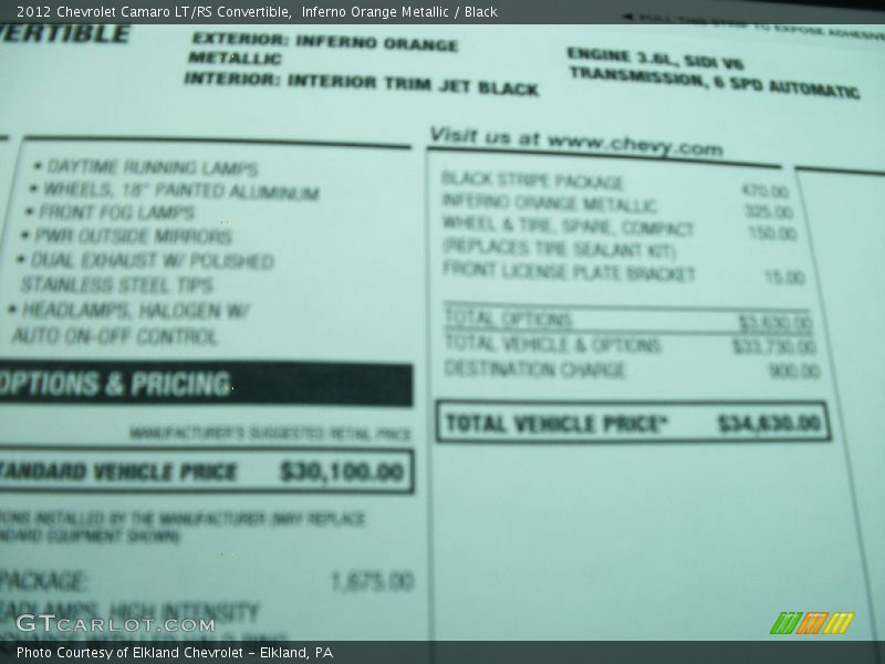  2012 Camaro LT/RS Convertible Window Sticker