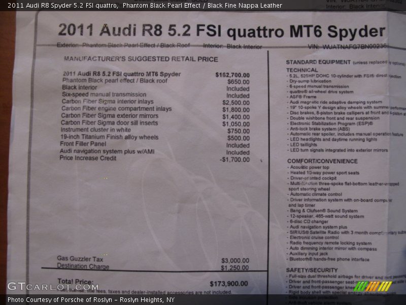  2011 R8 Spyder 5.2 FSI quattro Window Sticker