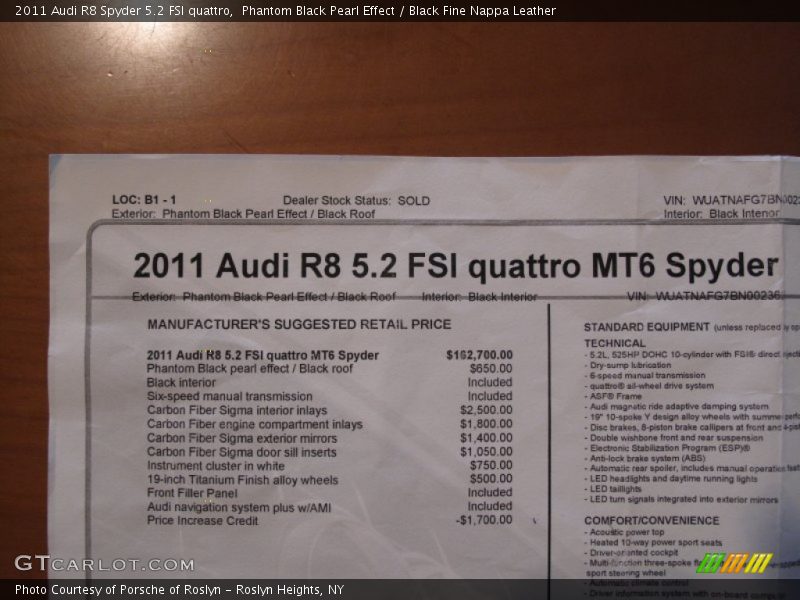 2011 R8 Spyder 5.2 FSI quattro Window Sticker