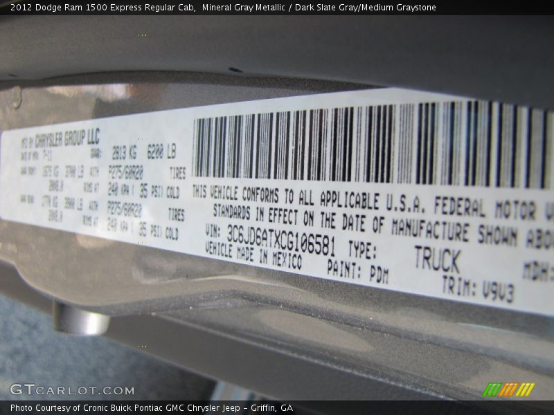 Mineral Gray Metallic / Dark Slate Gray/Medium Graystone 2012 Dodge Ram 1500 Express Regular Cab