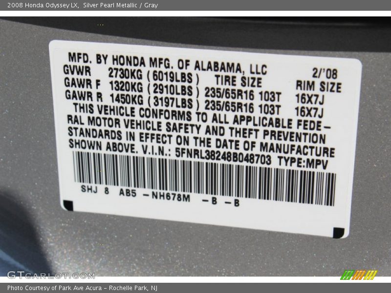Silver Pearl Metallic / Gray 2008 Honda Odyssey LX
