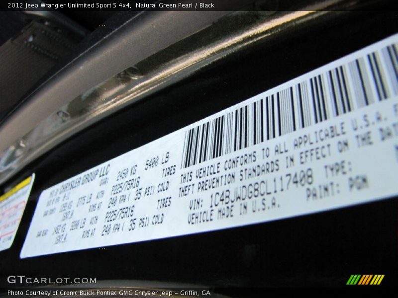 Natural Green Pearl / Black 2012 Jeep Wrangler Unlimited Sport S 4x4