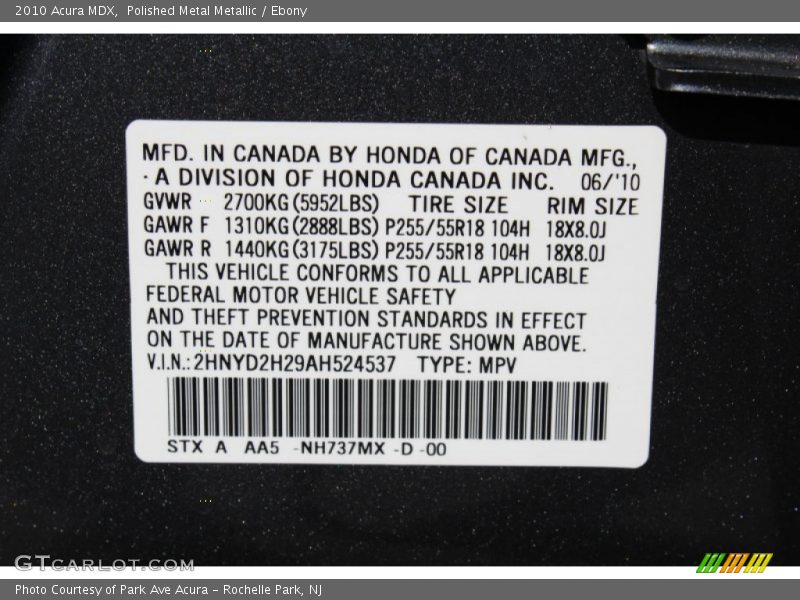 2010 MDX  Polished Metal Metallic Color Code NH737MX