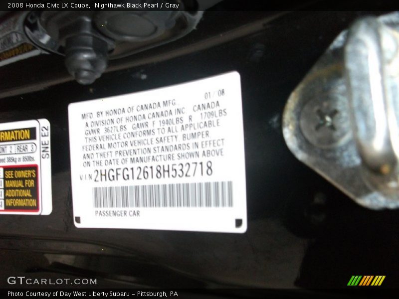 Nighthawk Black Pearl / Gray 2008 Honda Civic LX Coupe