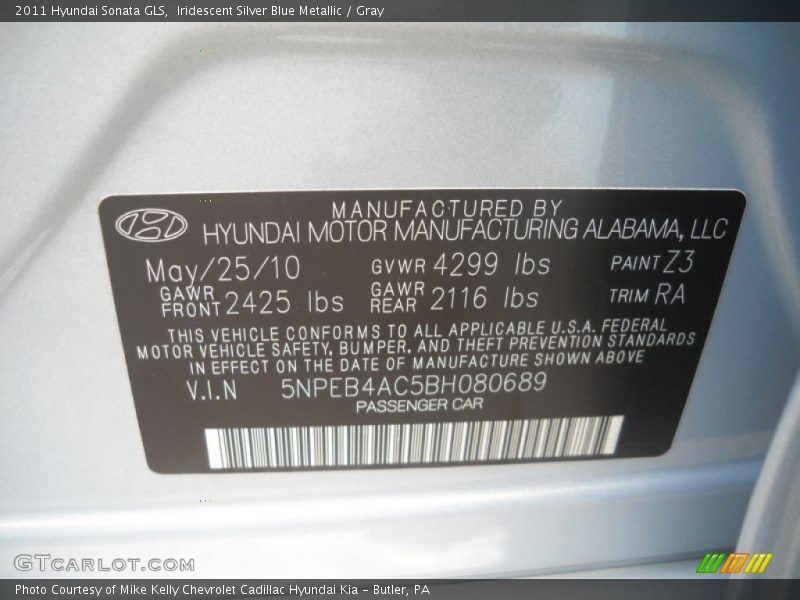 2011 Sonata GLS Iridescent Silver Blue Metallic Color Code Z3