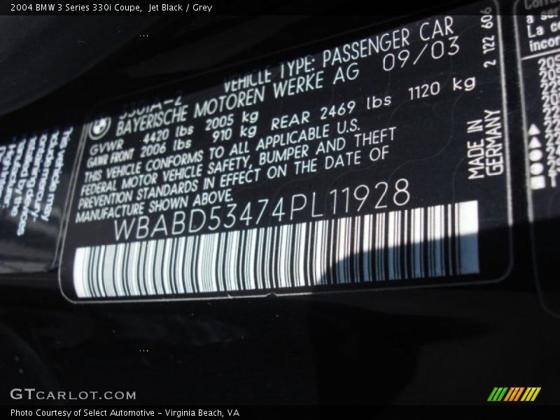 Jet Black / Grey 2004 BMW 3 Series 330i Coupe