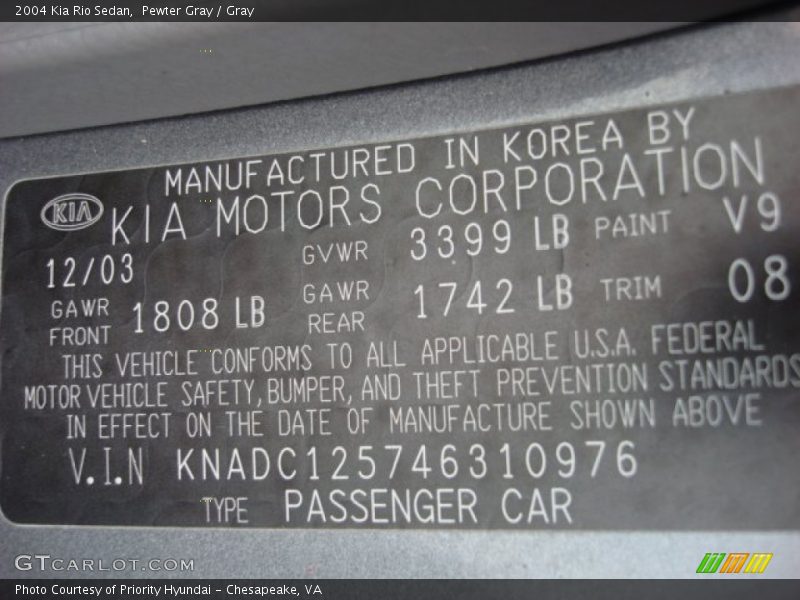 2004 Rio Sedan Pewter Gray Color Code V9