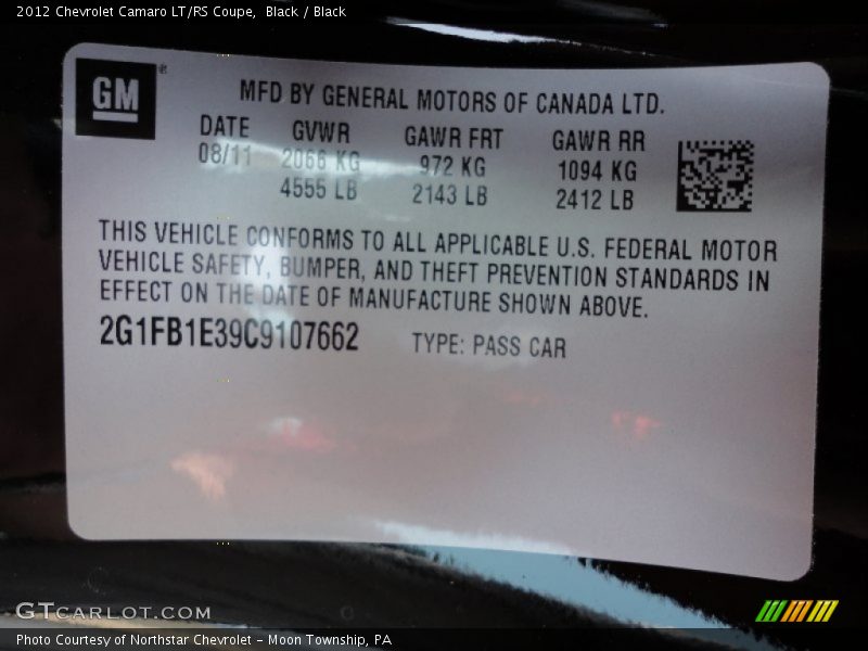 Black / Black 2012 Chevrolet Camaro LT/RS Coupe