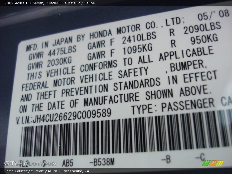 Glacier Blue Metallic / Taupe 2009 Acura TSX Sedan