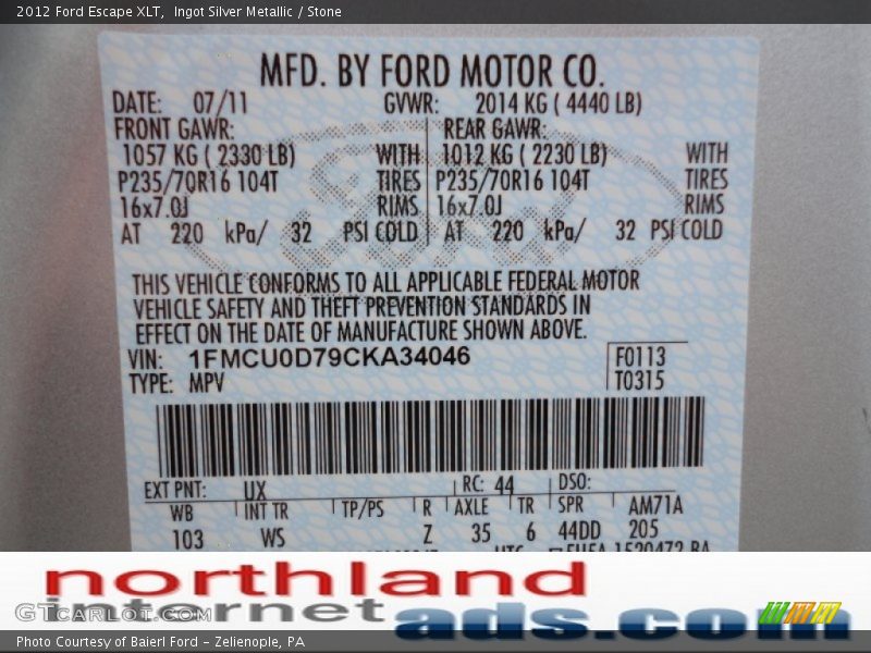 Ingot Silver Metallic / Stone 2012 Ford Escape XLT