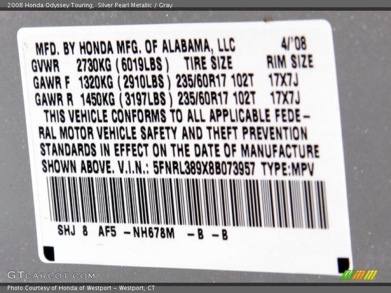 Silver Pearl Metallic / Gray 2008 Honda Odyssey Touring