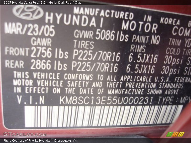 2005 Santa Fe LX 3.5 Merlot Dark Red Color Code NQ