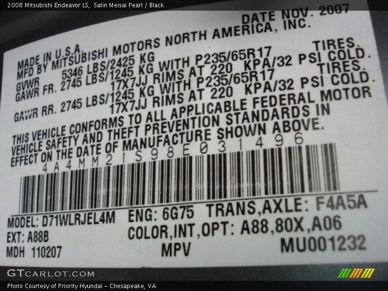 Satin Meisai Pearl / Black 2008 Mitsubishi Endeavor LS