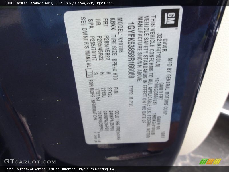 Info Tag of 2008 Escalade AWD