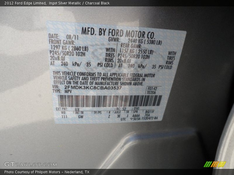 2012 Edge Limited Ingot Silver Metallic Color Code UX