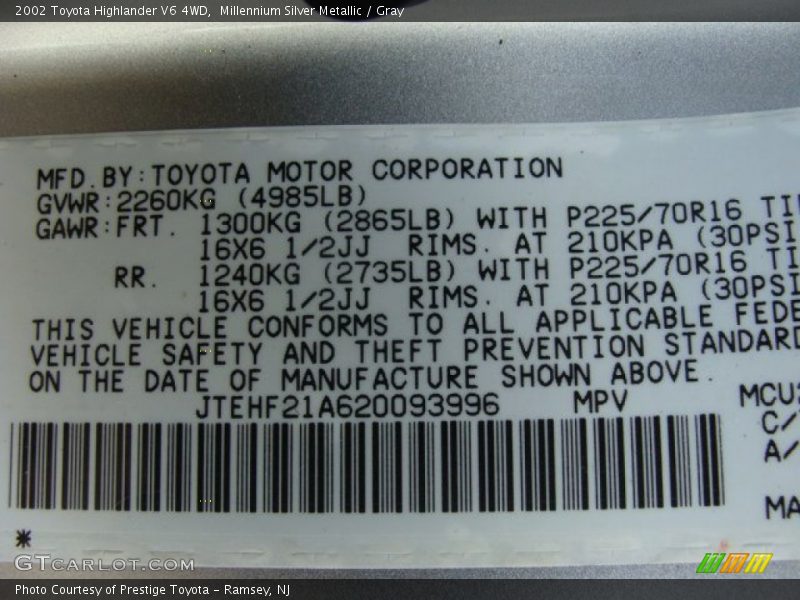 Millennium Silver Metallic / Gray 2002 Toyota Highlander V6 4WD