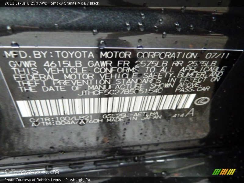 2011 IS 250 AWD Smoky Granite Mica Color Code 1G0
