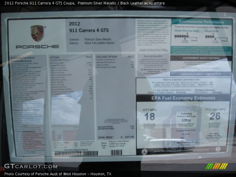  2012 911 Carrera 4 GTS Coupe Window Sticker