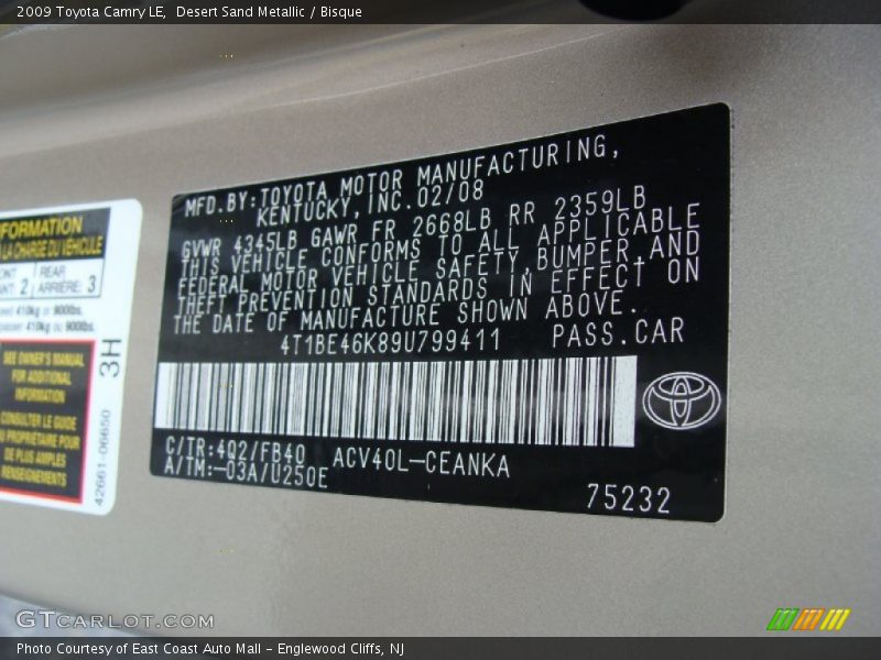 Desert Sand Metallic / Bisque 2009 Toyota Camry LE