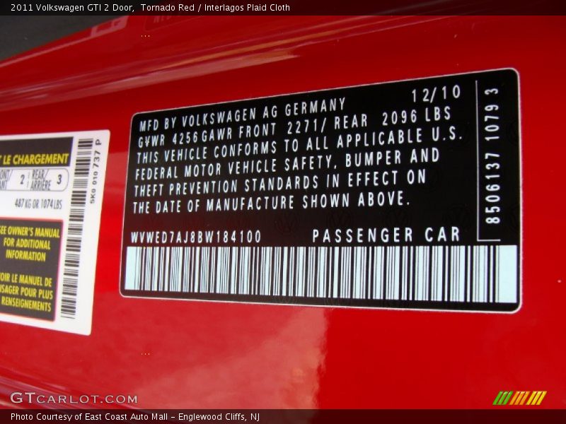 Info Tag of 2011 GTI 2 Door
