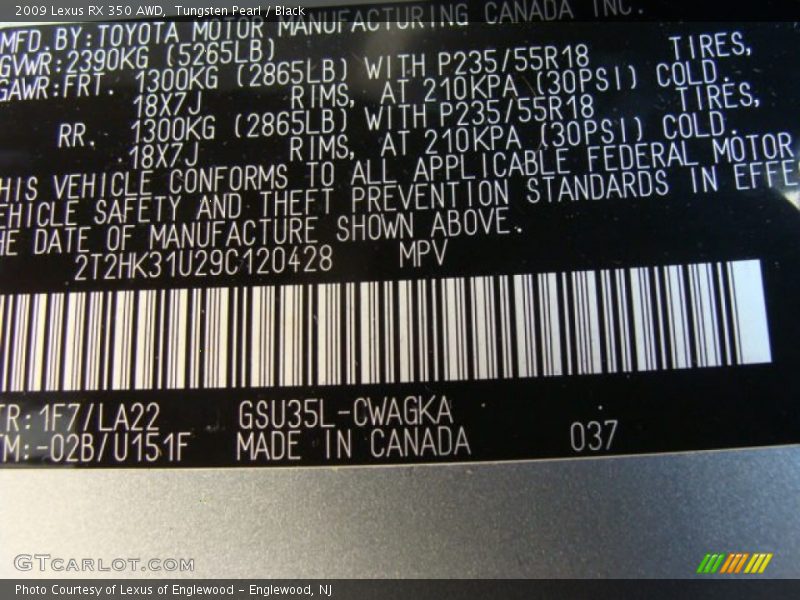 Tungsten Pearl / Black 2009 Lexus RX 350 AWD