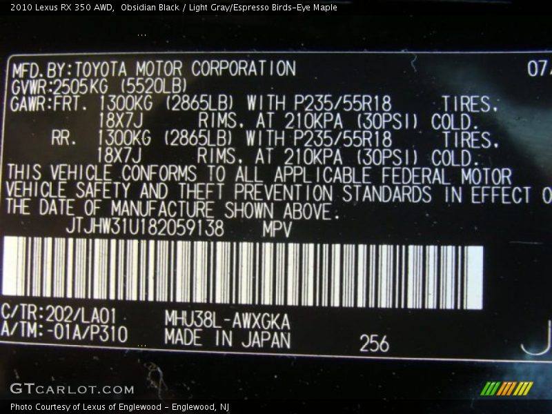 Obsidian Black / Light Gray/Espresso Birds-Eye Maple 2010 Lexus RX 350 AWD