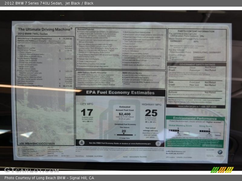  2012 7 Series 740Li Sedan Window Sticker