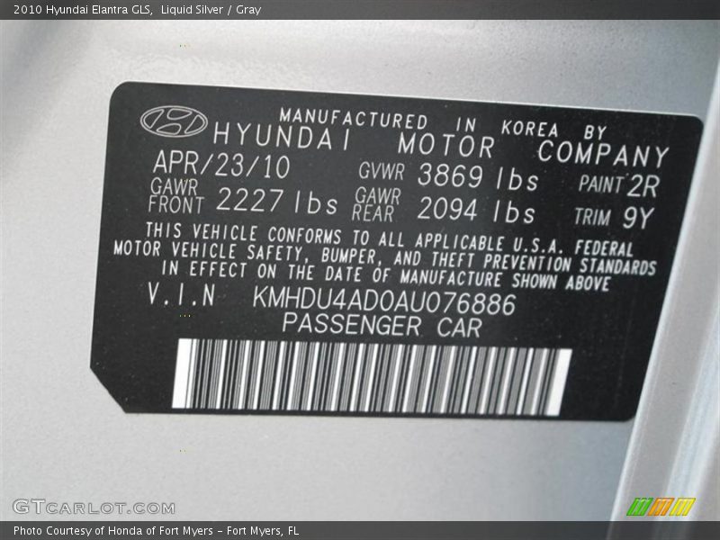 Liquid Silver / Gray 2010 Hyundai Elantra GLS