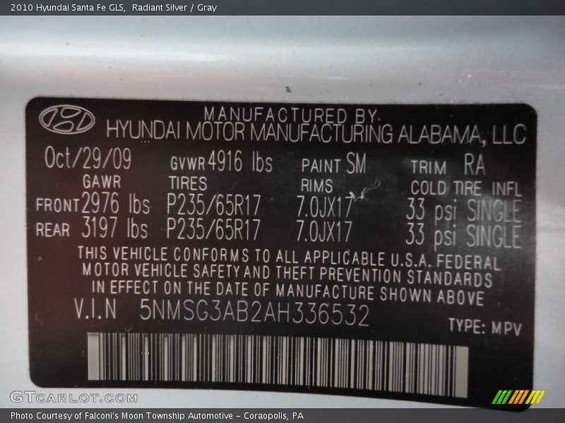 Radiant Silver / Gray 2010 Hyundai Santa Fe GLS