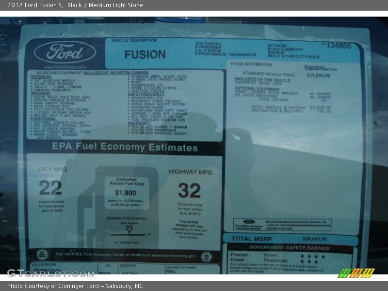 Black / Medium Light Stone 2012 Ford Fusion S