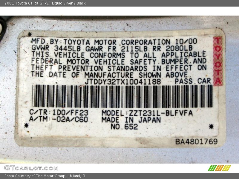 2001 Celica GT-S Liquid Silver Color Code 1D0