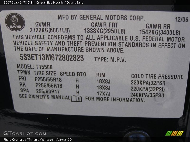 Crystal Blue Metallic / Desert Sand 2007 Saab 9-7X 5.3i