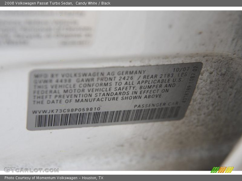 Candy White / Black 2008 Volkswagen Passat Turbo Sedan