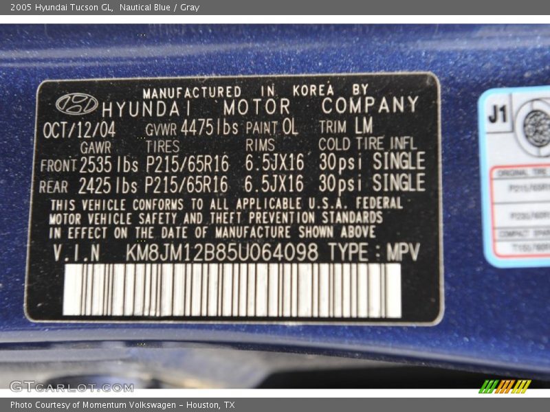 Nautical Blue / Gray 2005 Hyundai Tucson GL